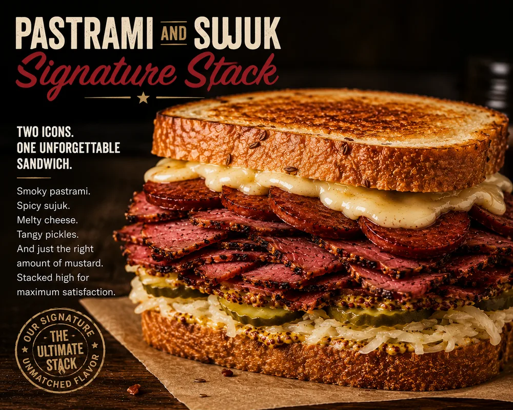 Pastrami & Sujuk Signature Stack — two icons, one sandwich.